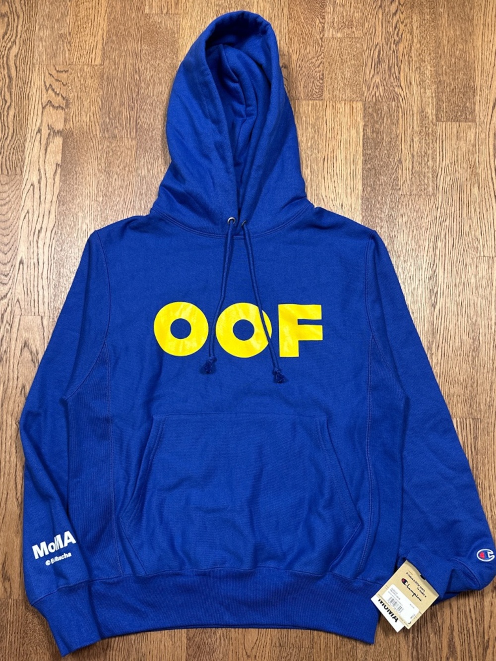 NWT Champion MoMA Ed Ruscha OOF Blue Reverse Weave Hoodie Mens Small